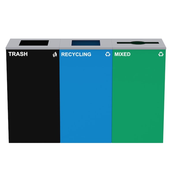Alpine Industries 87 Gal. 3-Stream Steel Blue Recycling, Green Mixed, and Black Commercial Trash Can Station ALP4450-BLK-KIT22 - main